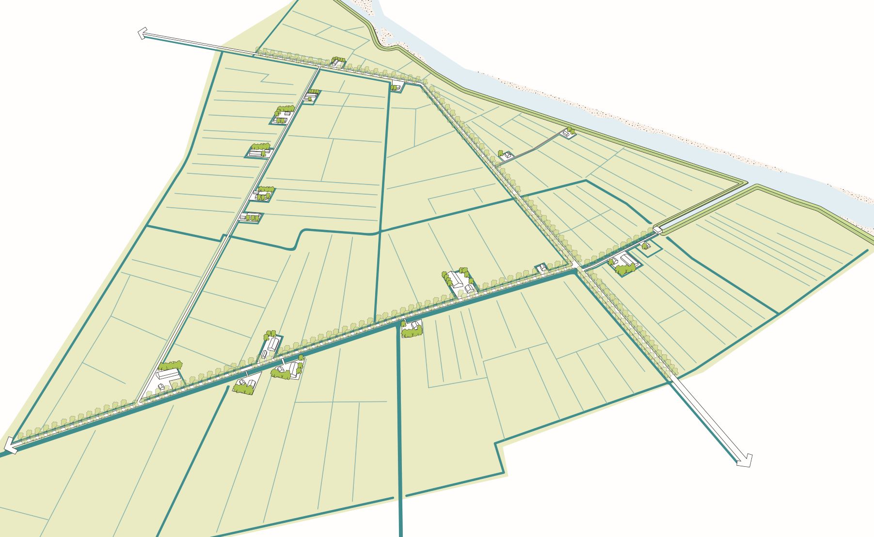 Illustratie van een landschap met een netwerk van hoogwatercircuits